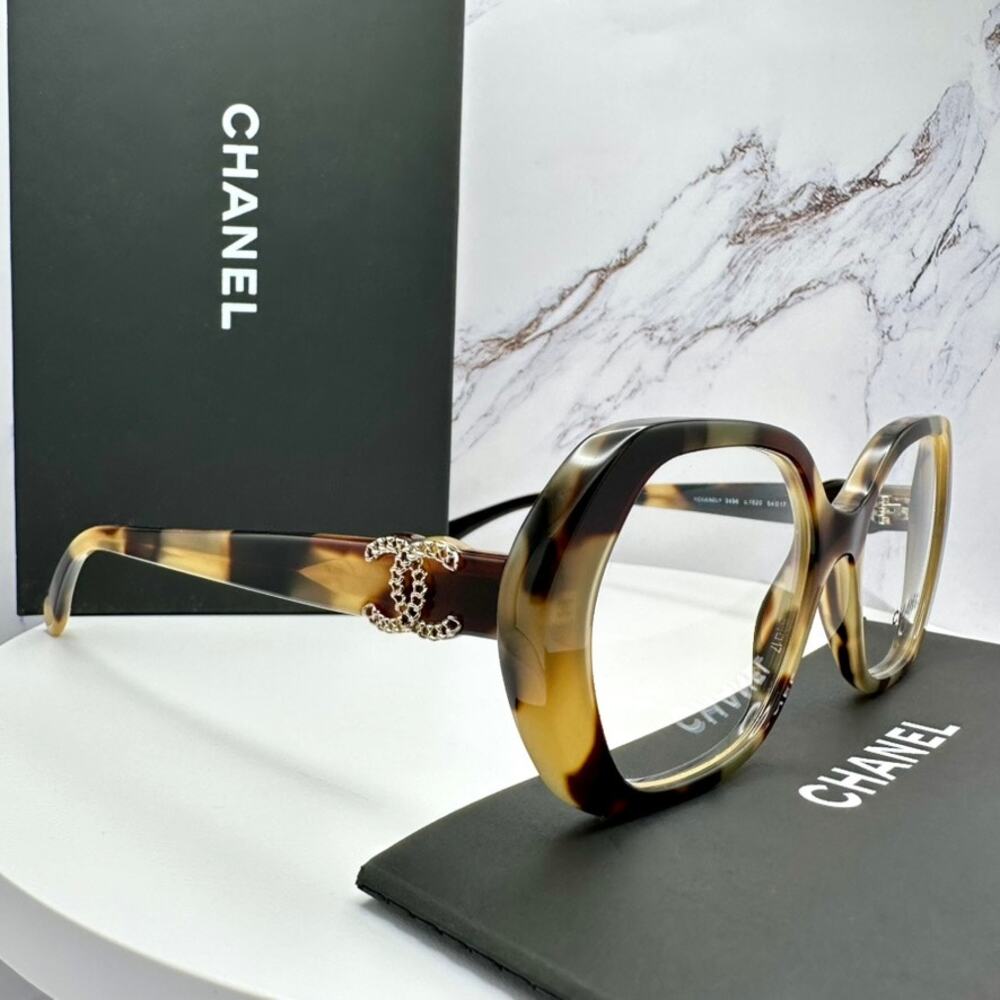 New CHANEL Eyeglasses Brown Gold Chain CC Square Acetate Womens